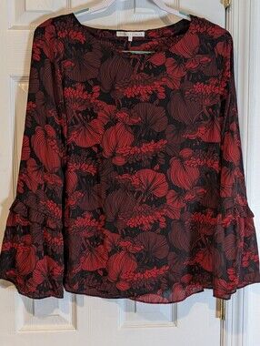 Violet & Claire Black Blouse with Red Floral Print and Ruffle Bell Sleeves